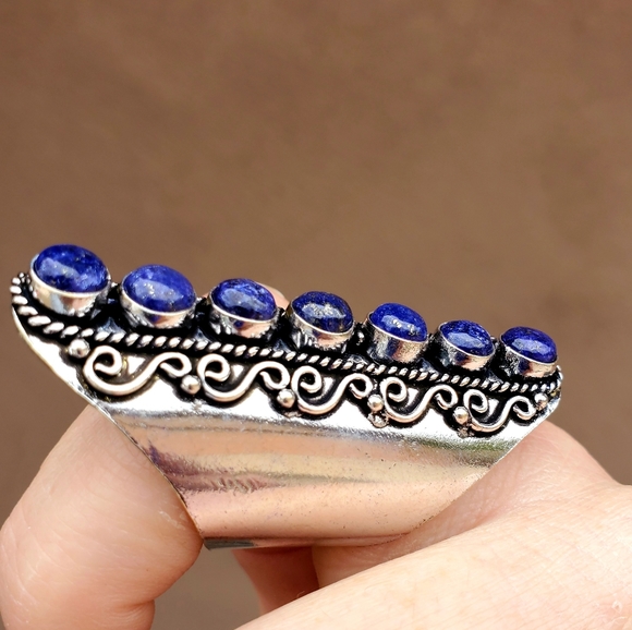 New 7 Stone Lapis Lazuli Adjustable Silver Statement Ring. - Picture 12 of 13